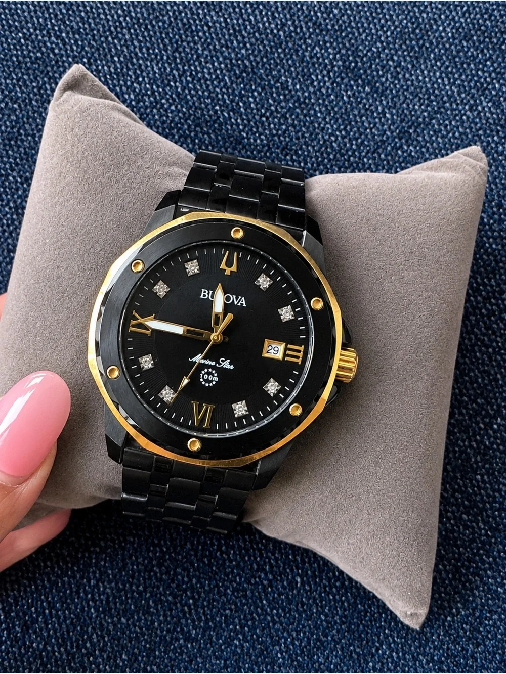 Bulova Black and Gold Ceramic Dress Watch with Crystal Accents